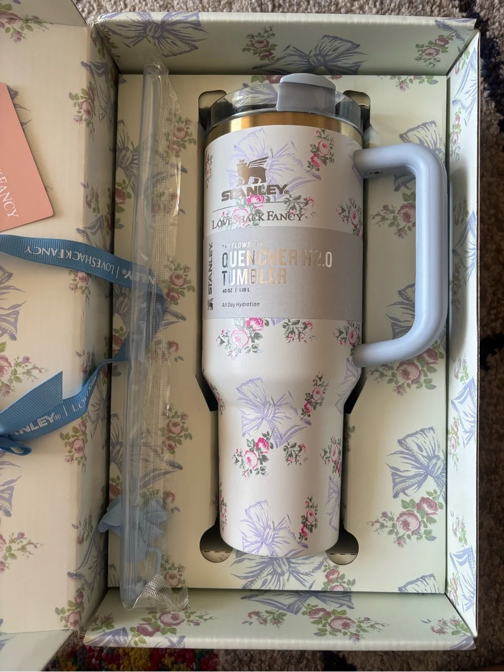 Stanley Quencher Tumbler - Floral Cream with Light Blue Handle